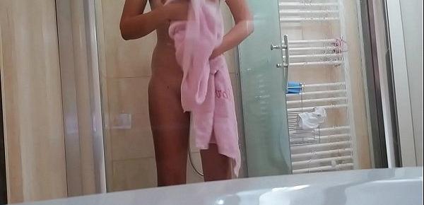  Spy voyager on sexy Hairy girls hot shower in the hotel during vacation